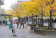 1877_1085 Billstedter Marktplatz im Herbst - Bilder aus den Stadtteilen Hamburgs. Strassenbume stehen in gemauerten Rotunden, am Rand sind Sitzbnke aus Holz eingelassen. Passanten gehen ber den Platz - Kinder spielen unter den Herbstbumen. 