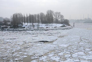 01130_5226 Elbpark Entenwerder in Hamburg Rothenburgsort im Winter - die hohen Bume sind ohne Laub, die Grnanlage ist schneebedeckt. Lks. der ehem. Kai der  Hafenanlage - das Wasser der Elbe ist mit Eisschollen bedeckt / Eisgang auf der Norderelbe.
