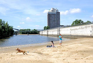 01169_5759 Das stillgelegte Hafenbecken HAKEN in Hamburg Rothenburgsort wurde teilweise mit Sand verfllt - Einwohner nutzen die Anlage als Strand - ein Hund spielt am Wasser. Im Hintergrund die Fussgngerbrcke vom Alexandra-Stieg und das Hochhaus vom Hotel Holiday Inn.