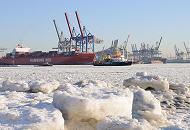 011_80_5795 Dicke Eisschollen liegen am Elbufer -  die Elbe ist mit dichtem Treibeis bedeckt, durch das sich kleinere Schiffe ihren Weg bahnen. Am HHLA Container Terminal Burchardkai liegt ein Containerfrachter der Reederei Hamburg Sd. Im Hintergrund die Containerbrcken des Waltershofer Hafens.