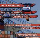 011_26094 Ein Container wird von der Containerbrcke von Bord des Schiffs gebracht. Das Container Terminal Altenwerder wird zu 74,9% von der Hamburger Hafen und Logistik AG HHLA und zu 25,1% von der Hapag-Lloyd AG betrieben.  An der Hauptkatze, die den Container transportiert, ist der ist auf blauem Grund der Schriftzug HHLA angebracht, auf den Auslegern der roten Containerbrcken steht "Container Terminal Altenwerder". www.hamburg-fotograf.com
