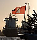 011_32795/00 die Hamburg Flagge weht im Wind am Heck eines Raddampfers der Hamburger Hafenrundfahrt. Im Hintergrund wird ein Frachter am Kai mit einem Kran gelscht.