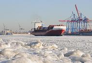 02_5775 Zwei Frachtschiffe verlassen im dichten Eis der Elbe den Hamburger Hafen - rechts die Container - Brcken am HHLA Terminal Burchardkai. Im Vordergrund ist der Elbstrand von velgnne mit Eisschollen bedeckt.