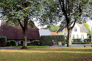 4874 Historische Wohnhäuser - hohe Bäume; Strasse bei den Rauhen Bergen in der Gemeinde Grosshansdorf, Kreis Stormarn.